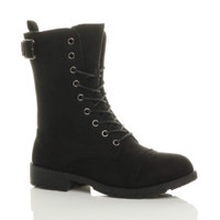 Front right side view of Black Suede Low Heel Lace Up Zip Biker Army Military Combat Ankle Boots