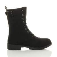 Right side view of Black Suede Low Heel Lace Up Zip Biker Army Military Combat Ankle Boots