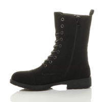 Left side view of Black Suede Low Heel Lace Up Zip Biker Army Military Combat Ankle Boots