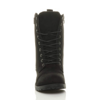 Front view of Black Suede Low Heel Lace Up Zip Biker Army Military Combat Ankle Boots