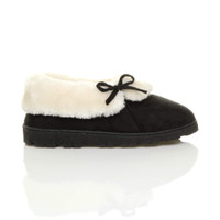 Right side view of Black / White Fur Suede Fur Lined Winter Luxury Ankle Boots Slipper Booties