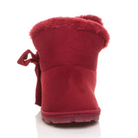 Front view of Berry Red Suede Flat Bow Fur Lined Ankle Boots Slippers Booties