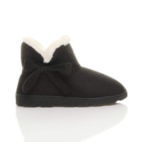 Right side view of Black / White Fur Suede Flat Bow Fur Lined Ankle Boots Slippers Booties