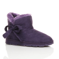 Front right side view of Purple Suede Flat Bow Fur Lined Ankle Boots Slippers Booties