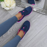 Model wearing Navy / Fuchsia Flat Memory Foam Lace Up Trainers