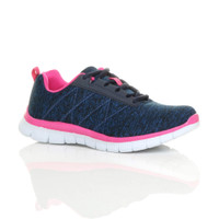Front right side view of Navy / Fuchsia Flat Memory Foam Lace Up Trainers