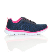Right side view of Navy / Fuchsia Flat Memory Foam Lace Up Trainers