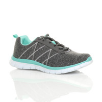 Front right side view of Grey / Mint Flat Memory Foam Lace Up Trainers