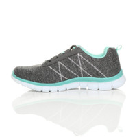 Left side view of Grey / Mint Flat Memory Foam Lace Up Trainers