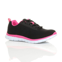 Front right side view of Black / Fuchsia Flat Memory Foam Lace Up Trainers