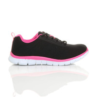 Right side view of Black / Fuchsia Flat Memory Foam Lace Up Trainers