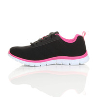 Left side view of Black / Fuchsia Flat Memory Foam Lace Up Trainers