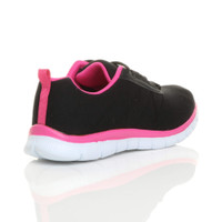 Back right side view of Black / Fuchsia Flat Memory Foam Lace Up Trainers