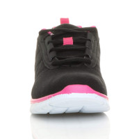 Front view of Black / Fuchsia Flat Memory Foam Lace Up Trainers