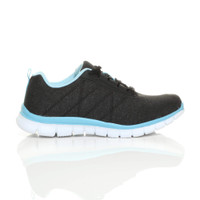 Right side view of Black / Blue Flat Memory Foam Lace Up Trainers