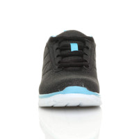 Front view of Black / Blue Flat Memory Foam Lace Up Trainers