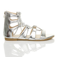 Right side view of Silver PU Flat Lace Up Ghillie Tie Up Sandals