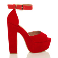 Right side view of Red Suede High Block Heel Platform Ankle Strap Sandals