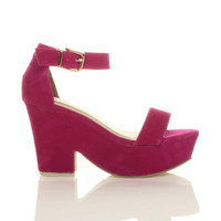 Right side view of Fuchsia Pink Suede Mid Heel Semi Wedge Platform Sandals