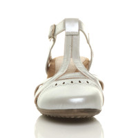 Front view of Silver PU Mid Heel Cut Out Brogue Shoes T-Bar Comfort Sandals