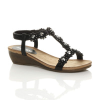 Front right side view of Black PU Low Mid Wedge Heel T-Bar Flower Diamante Sandals