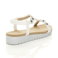 Back right side view of White PU Low Wedge Heel Comfort Flatform Diamante Flower T-Bar Slingback Sandals