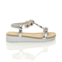 Right side view of Silver PU Low Wedge Heel Comfort Flatform Diamante Flower T-Bar Slingback Sandals