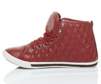 Left side view of Red PU Flat Lace Up Quilted Hi-Top Trainers