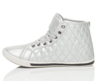 Left side view of Silver PU Flat Lace Up Quilted Hi-Top Trainers