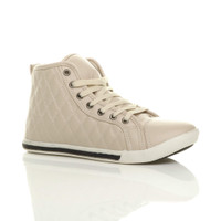 Front right side view of Beige PU Flat Lace Up Quilted Hi-Top Trainers