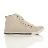 Right side view of Beige PU Flat Lace Up Quilted Hi-Top Trainers