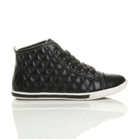 Right side view of Black PU Flat Lace Up Quilted Hi-Top Trainers