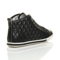 Back right side view of Black PU Flat Lace Up Quilted Hi-Top Trainers