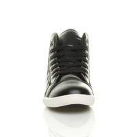 Front view of Black PU Flat Lace Up Quilted Hi-Top Trainers