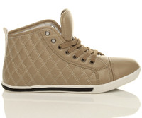 Right side view of Khaki PU Flat Lace Up Quilted Hi-Top Trainers