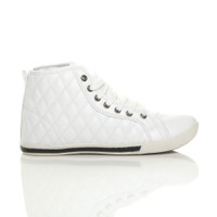 Right side view of White PU Flat Lace Up Quilted Hi-Top Trainers