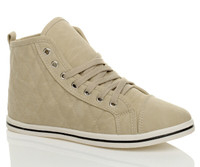 Front right side view of Beige Nubuck Flat Lace Up Quilted Hi-Top Trainers