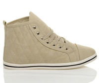 Right side view of Beige Nubuck Flat Lace Up Quilted Hi-Top Trainers