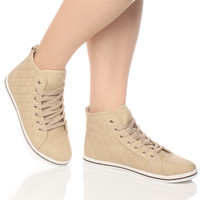 Model wearing Beige Nubuck Flat Lace Up Quilted Hi-Top Trainers