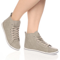 Model wearing Grey Nubuck Flat Lace Up Quilted Hi-Top Trainers