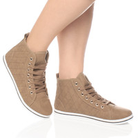 Model wearing Khaki Nubuck Flat Lace Up Quilted Hi-Top Trainers