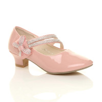 Front right side view of Pink Patent Heeled Mary Jane Diamante Strap Bow Court Shoes