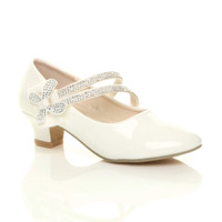 Front right side view of White Patent Heeled Mary Jane Diamante Strap Bow Court Shoes