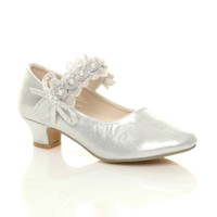 Front right side view of Silver Heeled Mary Jane Lace Mesh Strap Bow Court Shoes