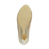 Bottom view of the sole of Gold Mid Heel Wedge Diamante Court Shoes