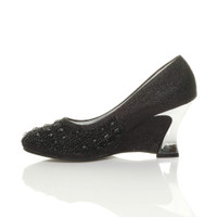 Left side view of Black Mid Wedge Heel Diamante Court Shoes