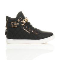Right side view of Black PU Gold Chain Lace Up Quilted Trainers