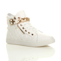 Front right side view of White PU Gold Chain Lace Up Quilted Trainers