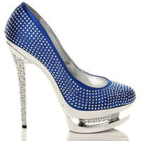 Right side view of Blue Satin High Heel Sparkly Diamante Platform Court Shoes