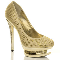 Front right side view of Gold Satin High Heel Sparkly Diamante Platform Court Shoes